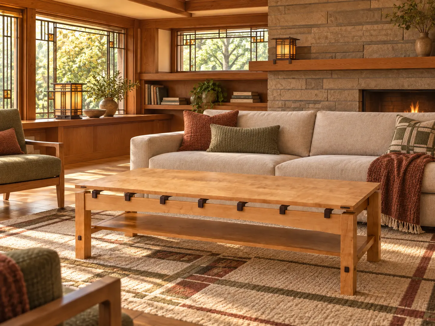 Contemporary curly cherry coffee table in a warm modern living room
