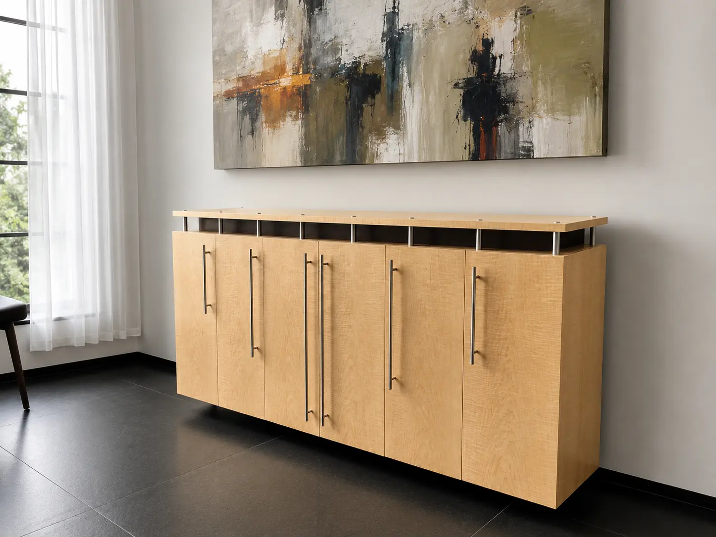 A round handcrafted dining table in a bright contemporary living room