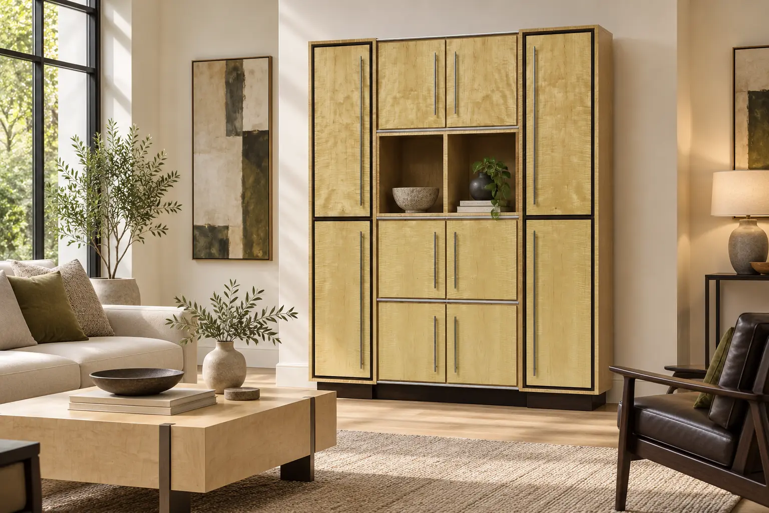 Contemporary curly maple cabinet in a modern living room