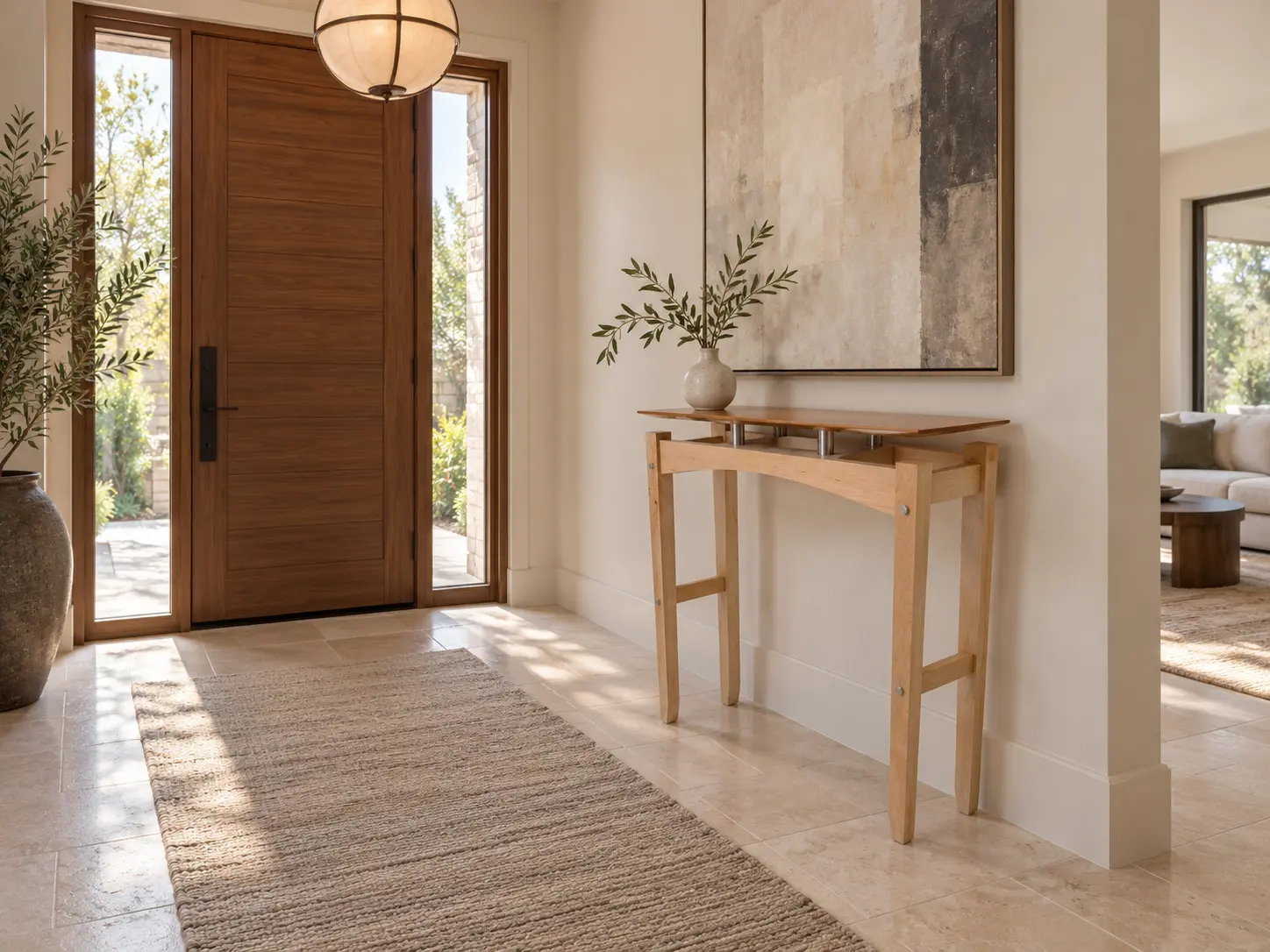 Light maple hall table in a refined entryway