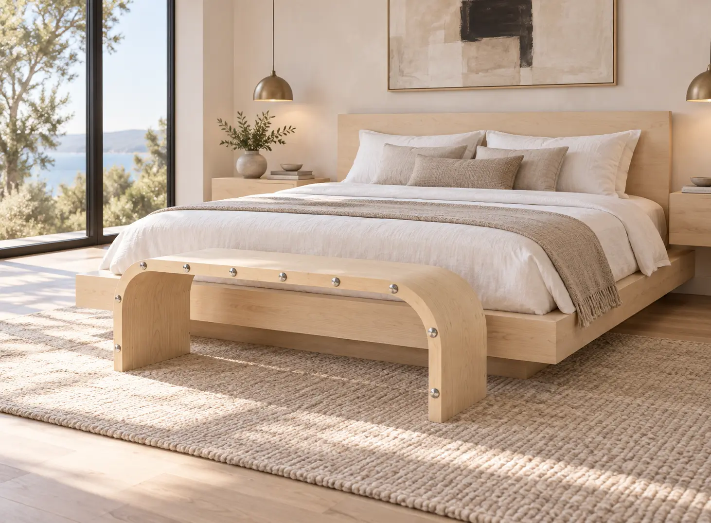 Sculptural maple waterfall bench at the foot of a modern platform bed