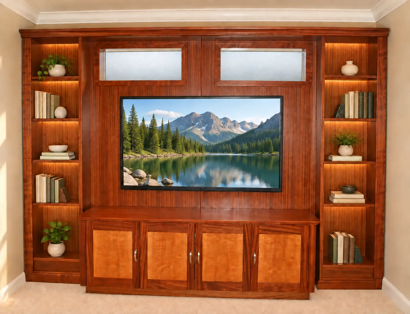 Custom sapele media center with shelving and frosted clerestory windows