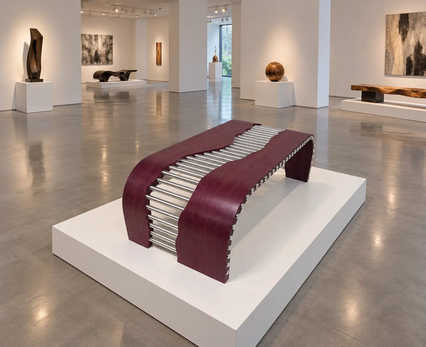 Sculptural purpleheart and metal Oasis table displayed on a white pedestal