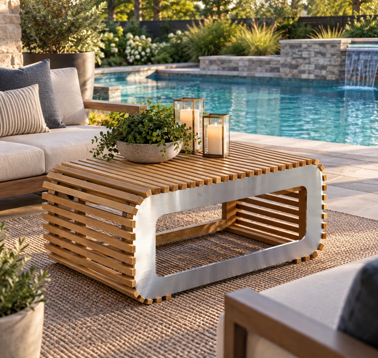 Contemporary slatted wood and brushed metal coffee table in a modern poolside setting
