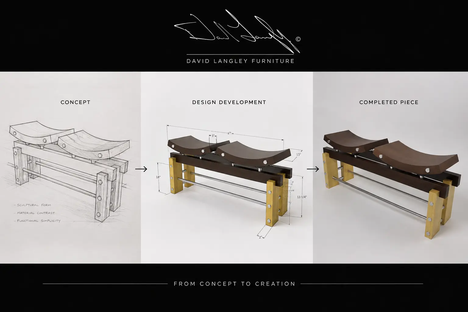 Concept sketch, design development and completed sculptural bench