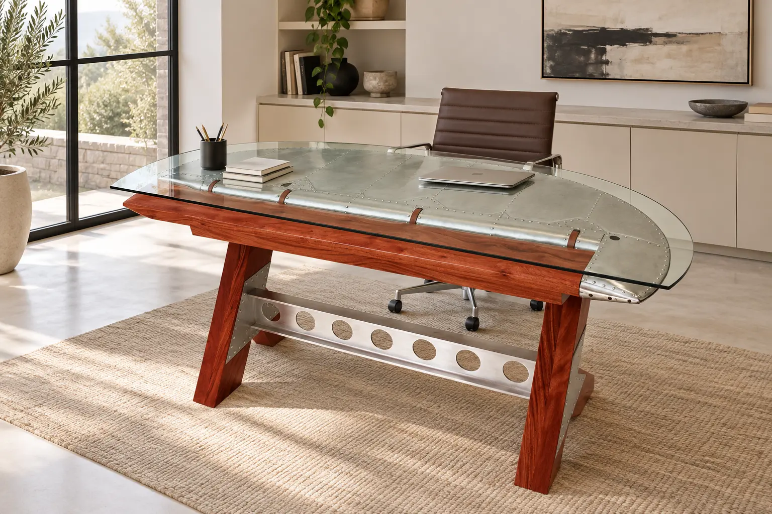 Airplane rudder desk with mahogany frame and glass top