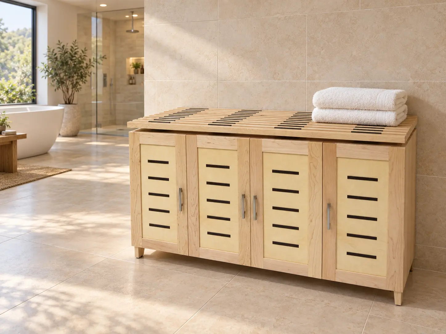 Maple and wenge spa cabinet in a tiled bathroom