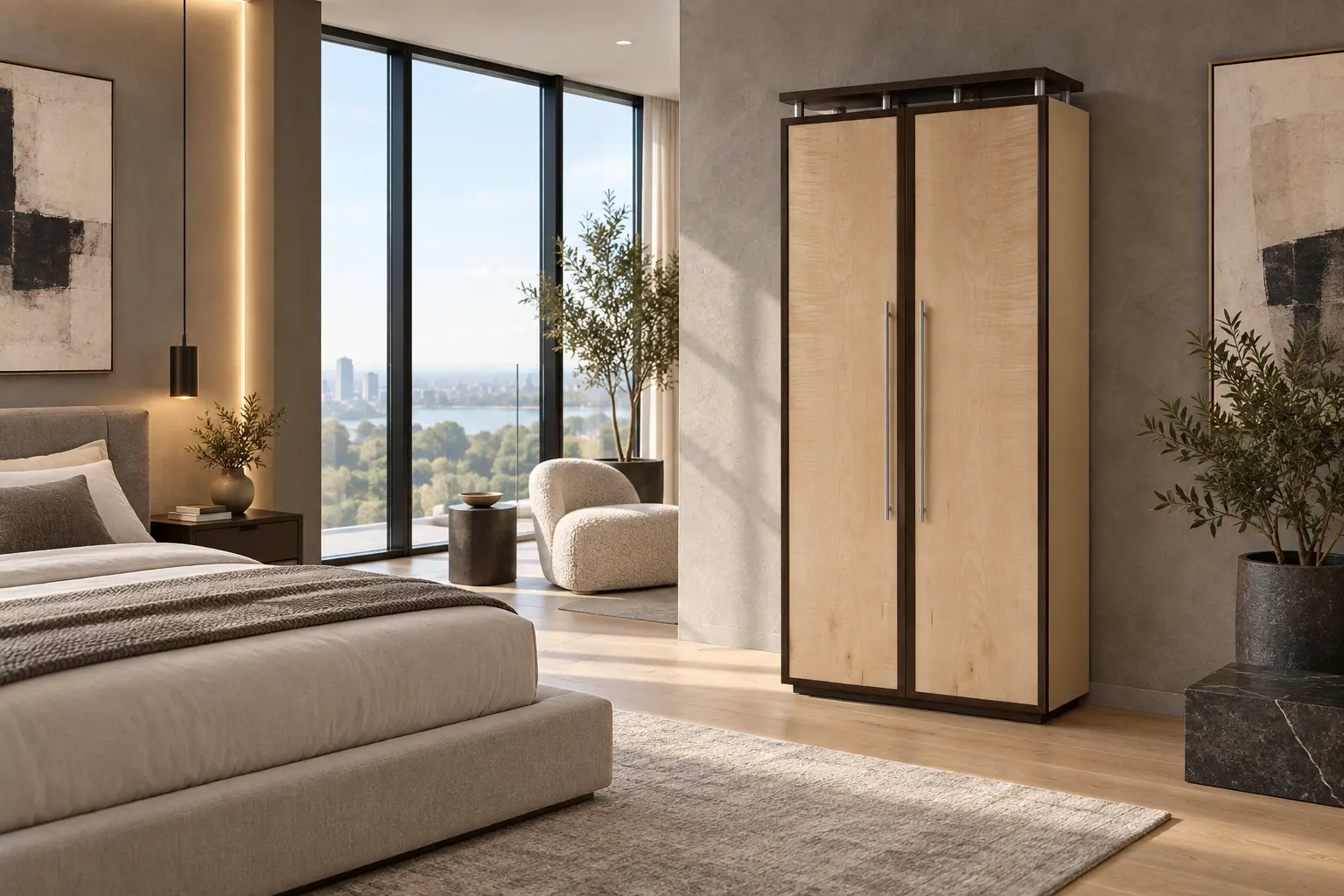 Tall figured maple wardrobe in a modern bedroom