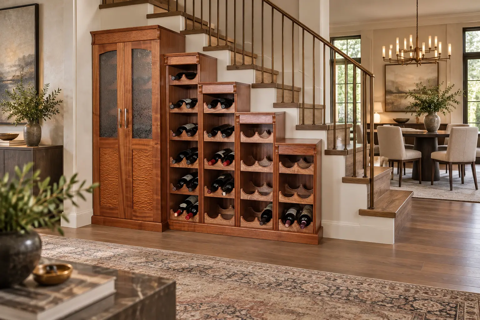 Custom stepped sapele wine cabinet beside an elegant staircase